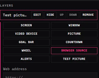 The Browser source choice with its Web address field
