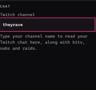 The Chat box with a channel name typed in